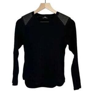 Zara Black ribbed knit crew neck long sleeve with faux leather accent